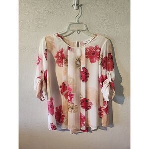 Calvin Klein Floral Print Sheer Blouse Top Roll Sleeves White Pink Size Small